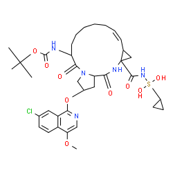 ChemSpider 2D Image | 2-Methyl-2-propanyl [(2R,6S,12Z,13aS,14aR,16aS)-2-[(7-chloro-4-methoxy-1-isoquinolinyl)oxy]-14a-{[cyclopropyl(dihydroxy)-lambda~4~-sulfanyl]carbamoyl}-5,16-dioxo-1,2,3,5,6,7,8,9,10,11,13a,14,14a,15,16
,16a-hexadecahydrocyclopropa[e]pyrrolo[1,2-a][1,4]diazacyclopentadecin-6-yl]carbamate | C36H48ClN5O9S