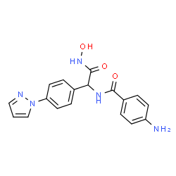 ChemSpider 2D Image | 4-Amino-N-{(1R)-2-(hydroxyamino)-2-oxo-1-[4-(1H-pyrazol-1-yl)phenyl]ethyl}benzamide | C18H17N5O3