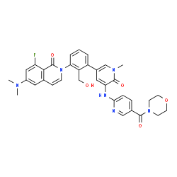 ChemSpider 2D Image | 6-(Dimethylamino)-8-fluoro-2-[2-(hydroxymethyl)-3-(1-methyl-5-{[5-(4-morpholinylcarbonyl)-2-pyridinyl]amino}-6-oxo-1,6-dihydro-3-pyridinyl)phenyl]-1(2H)-isoquinolinone | C34H33FN6O5