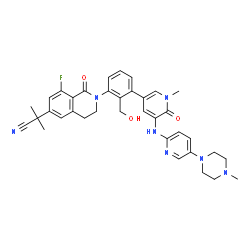 ChemSpider 2D Image | 2-{8-Fluoro-2-[2-(hydroxymethyl)-3-(1-methyl-5-{[5-(4-methyl-1-piperazinyl)-2-pyridinyl]amino}-6-oxo-1,6-dihydro-3-pyridinyl)phenyl]-1-oxo-1,2,3,4-tetrahydro-6-isoquinolinyl}-2-methylpropanenitrile | C36H38FN7O3