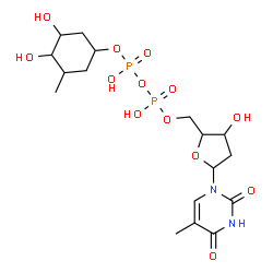 ChemSpider 2D Image | 5'-O-[(R)-{[(R)-{[(1S,3R,4R,5S)-3,4-Dihydroxy-5-methylcyclohexyl]oxy}(hydroxy)phosphoryl]oxy}(hydroxy)phosphoryl]thymidine | C17H28N2O13P2