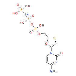 ChemSpider 2D Image | [[[[(2r,5s)-5-(4-Azanyl-2-Oxidanylidene-Pyrimidin-1-Yl)-1,3-Oxathiolan-2-Yl]methoxy-Oxidanyl-Phosphoryl]oxy-Oxidanyl-Phosphoryl]amino]phosphonic Acid | C8H15N4O11P3S
