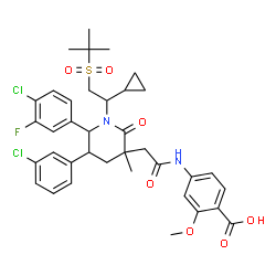 ChemSpider 2D Image | 4-({[(3r,5r,6s)-1-[(1s)-2-(Tert-Butylsulfonyl)-1-Cyclopropylethyl]-6-(4-Chloro-3-Fluorophenyl)-5-(3-Chlorophenyl)-3-Methyl-2-Oxopiperidin-3-Yl]acetyl}amino)-2-Methoxybenzoic Acid | C37H41Cl2FN2O7S
