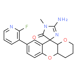 ChemSpider 2D Image | (4S,4a'S,10a'R)-2-Amino-8'-(2-fluoro-3-pyridinyl)-1-methyl-3',4',4a',10a'-tetrahydro-2'H-spiro[imidazole-4,10'-pyrano[3,2-b]chromen]-5(1H)-one | C20H19FN4O3