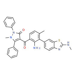 ChemSpider 2D Image | 4-{2-Amino-4-methyl-3-[2-(methylamino)-1,3-benzothiazol-6-yl]benzoyl}-1-methyl-2,5-diphenyl-1,2-dihydro-3H-pyrazol-3-one | C32H27N5O2S