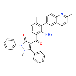 ChemSpider 2D Image | 4-[2-Amino-4-methyl-3-(2-methyl-6-quinolinyl)benzoyl]-1-methyl-2,5-diphenyl-1,2-dihydro-3H-pyrazol-3-one | C34H28N4O2