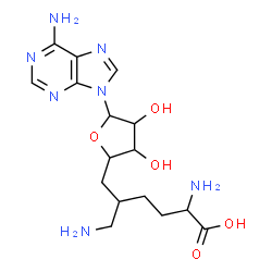 ChemSpider 2D Image | (5S)-5-{[(2R,3S,4R,5R)-5-(6-Amino-9H-purin-9-yl)-3,4-dihydroxytetrahydro-2-furanyl]methyl}-L-lysine | C16H25N7O5