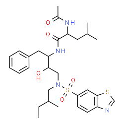 ChemSpider 2D Image | N~2~-Acetyl-N-[(2S,3R)-4-{(1,3-benzothiazol-6-ylsulfonyl)[(2S)-2-methylbutyl]amino}-3-hydroxy-1-phenyl-2-butanyl]-L-leucinamide | C30H42N4O5S2