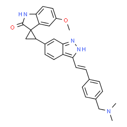 ChemSpider 2D Image | (1R,2S)-2-{3-[(E)-2-{4-[(Dimethylamino)methyl]phenyl}vinyl]-2H-indazol-6-yl}-5'-methoxyspiro[cyclopropane-1,3'-indol]-2'(1'H)-one | C29H28N4O2