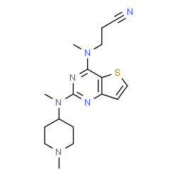 ChemSpider 2D Image | 3-(Methyl{2-[methyl(1-methyl-4-piperidinyl)amino]thieno[3,2-d]pyrimidin-4-yl}amino)propanenitrile | C17H24N6S