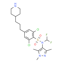 ChemSpider 2D Image | 2,6-Dichloro-N-(difluoromethyl)-4-[3-(4-piperidinyl)propyl]-N-(1,3,5-trimethyl-1H-pyrazol-4-yl)benzenesulfonamide | C21H28Cl2F2N4O2S