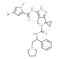 ChemSpider 2D Image | 3'-{[(4-Bromo-1-methyl-1H-pyrrol-2-yl)carbonyl]amino}-N-[(1S)-1-phenyl-2-(1-pyrrolidinyl)ethyl]-2',4'-dihydro-5'H-spiro[cyclopropane-1,6'-pyrrolo[3,4-c]pyrazole]-5'-carboxamide | C26H30BrN7O2