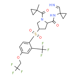 ChemSpider 2D Image | (4R)-N-[1-(Iminomethyl)cyclopropyl]-1-[(1-methylcyclopropyl)carbonyl]-4-{[4-(2,2,2-trifluoroethoxy)-2-(trifluoromethyl)phenyl]sulfonyl}-L-prolinamide | C23H25F6N3O5S