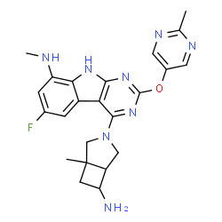 ChemSpider 2D Image | 4-[(1S,5R,6R)-6-Amino-1-methyl-3-azabicyclo[3.2.0]hept-3-yl]-6-fluoro-N-methyl-2-[(2-methyl-5-pyrimidinyl)oxy]-9H-pyrimido[4,5-b]indol-8-amine | C23H25FN8O