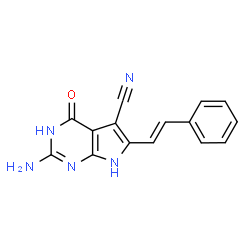 ChemSpider 2D Image | (E)-2-Amino-4-Oxo-6-Styryl-4,7-Dihydro-3h-Pyrrolo[2,3-D]pyrimidine-5-Carbonitrile | C15H11N5O