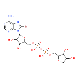 ChemSpider 2D Image | [(2R,3S,4R,5R)-5-(6-Amino-8-bromo-9H-purin-9-yl)-3,4-dihydroxytetrahydro-2-furanyl]methyl [(2R,3S,4S)-3,4-dihydroxytetrahydro-2-furanyl]methyl dihydrogen diphosphate (non-preferred name) | C15H22BrN5O13P2