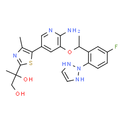 ChemSpider 2D Image | (2R)-2-[5-(6-Amino-5-{(1R)-1-[2-(1,3-dihydro-2H-1,2,3-triazol-2-yl)-5-fluorophenyl]ethoxy}-3-pyridinyl)-4-methyl-1,3-thiazol-2-yl]-1,2-propanediol | C22H25FN6O3S