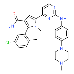 ChemSpider 2D Image | 2-(5-Chloro-2-methylphenyl)-1-methyl-5-(2-{[4-(4-methyl-1-piperazinyl)phenyl]amino}-4-pyrimidinyl)-1H-pyrrole-3-carboxamide | C28H30ClN7O