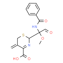 ChemSpider 2D Image | (2R)-2-[(1S)-1-(Benzoylamino)-1-methoxy-2-oxoethyl]-5-methylene-5,6-dihydro-2H-1,3-thiazine-4-carboxylic acid | C16H16N2O5S