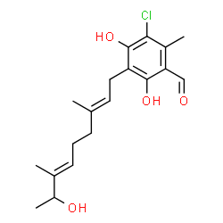 ChemSpider 2D Image | 3-Chloro-4,6-dihydroxy-5-[(2E,6E,8S)-8-hydroxy-3,7-dimethyl-2,6-nonadien-1-yl]-2-methylbenzaldehyde | C19H25ClO4