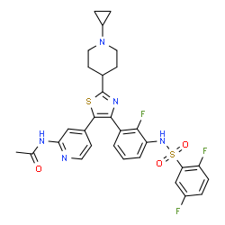 ChemSpider 2D Image | N-{4-[2-(1-Cyclopropyl-4-piperidinyl)-4-(3-{[(2,5-difluorophenyl)sulfonyl]amino}-2-fluorophenyl)-1,3-thiazol-5-yl]-2-pyridinyl}acetamide | C30H28F3N5O3S2
