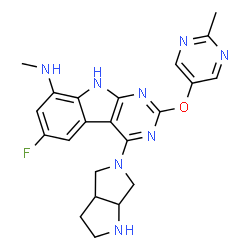 ChemSpider 2D Image | 6-Fluoro-4-[(3aR,6aR)-hexahydropyrrolo[3,4-b]pyrrol-5(1H)-yl]-N-methyl-2-[(2-methyl-5-pyrimidinyl)oxy]-9H-pyrimido[4,5-b]indol-8-amine | C22H23FN8O