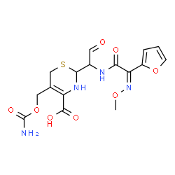 ChemSpider 2D Image | (2R)-5-[(Carbamoyloxy)methyl]-2-[(1R)-1-{[(2Z)-2-(2-furyl)-2-(methoxyimino)acetyl]amino}-2-oxoethyl]-3,6-dihydro-2H-1,3-thiazine-4-carboxylic acid | C16H18N4O8S