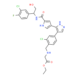 ChemSpider 2D Image | Ethyl N-{2-chloro-4-[5-(5-{[(1S)-1-(3-chloro-4-fluorophenyl)-2-hydroxyethyl]carbamoyl}-1H-pyrrol-3-yl)-1H-pyrazol-4-yl]benzyl}glycinate | C27H26Cl2FN5O4