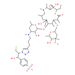 ChemSpider 2D Image | (2R,3S,4R,5R,8R,10R,11R,12S,13S,14R)-2-ethyl-3,4,10-trihydroxy-3,5,6,8,10,12,14-heptamethyl-15-oxo-11-[(3,4,6-trideoxy-3-{[3-(1-{(1S,2R)-1-(fluoromethyl)-2-hydroxy-2-[4-(methylsulfonyl)phenyl]ethyl}-1H-1,2,3-triazol-4-yl)propyl](methyl)amino}-beta-D- | C52H88FN5O15S