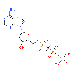 ChemSpider 2D Image | 2'-Deoxy-5'-O-[(S)-{difluoro[(S)-hydroxy(phosphonooxy)phosphoryl]methyl}(hydroxy)phosphoryl]adenosine | C11H16F2N5O11P3