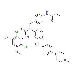 ChemSpider 2D Image | N-[4-({[(2,6-Dichloro-3,5-dimethoxyphenyl)carbamoyl](6-{[4-(4-methyl-1-piperazinyl)phenyl]amino}-4-pyrimidinyl)amino}methyl)phenyl]propanamide | C34H38Cl2N8O4