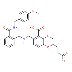 ChemSpider 2D Image | (2S)-2-(2-Carboxyethyl)-6-{[{2-[(4-methoxybenzyl)carbamoyl]benzyl}(methyl)amino]methyl}-2,3-dihydro-1,4-benzodioxine-5-carboxylic acid | C30H32N2O8