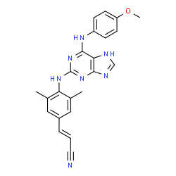 ChemSpider 2D Image | (2E)-3-[4-({6-[(4-Methoxyphenyl)amino]-7H-purin-2-yl}amino)-3,5-dimethylphenyl]acrylonitrile | C23H21N7O