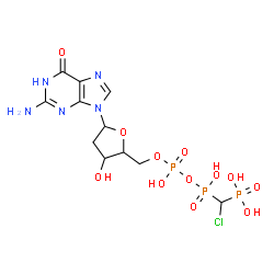 ChemSpider 2D Image | 5'-O-[(R)-{[(R)-[(R)-Chloro(phosphono)methyl](hydroxy)phosphoryl]oxy}(hydroxy)phosphoryl]-2'-deoxyguanosine | C11H17ClN5O12P3