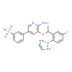 ChemSpider 2D Image | 3-{(1R)-1-[2-(1,3-Dihydro-2H-1,2,3-triazol-2-yl)-5-fluorophenyl]ethoxy}-5-[3-(methylsulfonyl)phenyl]-2-pyridinamine | C22H22FN5O3S