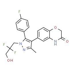 ChemSpider 2D Image | 6-[1-(2,2-Difluoro-3-hydroxypropyl)-5-(4-fluorophenyl)-3-methyl-1H-pyrazol-4-yl]-2H-1,4-benzoxazin-3(4H)-one | C21H18F3N3O3