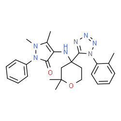 ChemSpider 2D Image | 4-({2,2-Dimethyl-4-[1-(2-methylphenyl)-1H-tetrazol-5-yl]tetrahydro-2H-pyran-4-yl}amino)-1,5-dimethyl-2-phenyl-1,2-dihydro-3H-pyrazol-3-one | C26H31N7O2