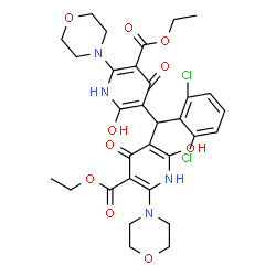 ChemSpider 2D Image | 1-(bis(3-(ethoxycarbonyl)-4-hydroxy-2-morpholino-1,6-dihydro-6-oxopyridin-5-yl)methyl)-2,6-dichlorobenzene | C31H34Cl2N4O10