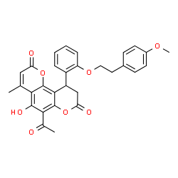 ChemSpider 2D Image | 6-Acetyl-5-hydroxy-10-{2-[2-(4-methoxyphenyl)ethoxy]phenyl}-4-methyl-9,10-dihydro-2H,8H-pyrano[2,3-f]chromene-2,8-dione | C30H26O8