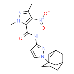 ChemSpider 2D Image | N-[1-(Adamantan-1-yl)-1H-pyrazol-3-yl]-1,3-dimethyl-4-nitro-1H-pyrazole-5-carboxamide | C19H24N6O3