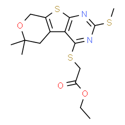 ChemSpider 2D Image | Ethyl {[6,6-dimethyl-2-(methylsulfanyl)-5,8-dihydro-6H-pyrano[4',3':4,5]thieno[2,3-d]pyrimidin-4-yl]sulfanyl}acetate | C16H20N2O3S3