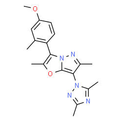 ChemSpider 2D Image | 7-(3,5-Dimethyl-1H-1,2,4-triazol-1-yl)-3-(4-methoxy-2-methylphenyl)-2,6-dimethylpyrazolo[5,1-b][1,3]oxazole | C19H21N5O2
