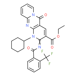 ChemSpider 2D Image | Ethyl 1-cyclohexyl-5-oxo-2-{[2-(trifluoromethyl)benzoyl]imino}-1,5-dihydro-2H-dipyrido[1,2-a:2',3'-d]pyrimidine-3-carboxylate | C28H25F3N4O4