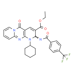 ChemSpider 2D Image | Ethyl 1-cyclohexyl-5-oxo-2-{[4-(trifluoromethyl)benzoyl]imino}-1,5-dihydro-2H-dipyrido[1,2-a:2',3'-d]pyrimidine-3-carboxylate | C28H25F3N4O4