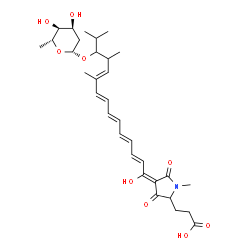 ChemSpider 2D Image | 3-[(4E)-4-{(2E,4E,6E,8E,10E)-13-[(2,6-Dideoxy-beta-D-ribo-hexopyranosyl)oxy]-1-hydroxy-10,12,14-trimethyl-2,4,6,8,10-pentadecapentaen-1-ylidene}-1-methyl-3,5-dioxo-2-pyrrolidinyl]propanoic acid | C32H45NO9