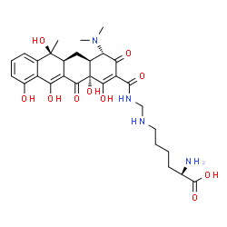 ChemSpider 2D Image | N~6~-[({[(4S,4aS,5aS,6S,12aR)-4-(Dimethylamino)-1,6,10,11,12a-pentahydroxy-6-methyl-3,12-dioxo-3,4,4a,5,5a,6,12,12a-octahydro-2-tetracenyl]carbonyl}amino)methyl]lysine | C29H38N4O10