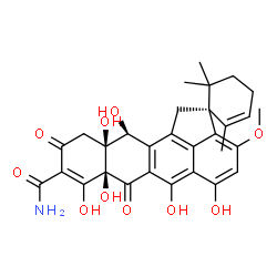 ChemSpider 2D Image | (1S,7a'S,11a'S,12'S)-5',6',7a',8',11a',12'-Hexahydroxy-3'-methoxy-2,6,6-trimethyl-7',10'-dioxo-7',7a',10',11',11a',12'-hexahydro-1'H-spiro[cyclohex-2-ene-1,2'-cyclopenta[de]tetracene]-9'-carboxamide | C30H31NO10