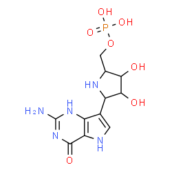 ChemSpider 2D Image | [5-(2-Amino-4-oxo-4,5-dihydro-1H-pyrrolo[3,2-d]pyrimidin-7-yl)-3,4-dihydroxy-2-pyrrolidinyl]methyl dihydrogen phosphate | C11H16N5O7P
