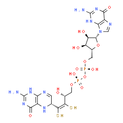 ChemSpider 2D Image | PHOSPHORIC ACID 4-(2-AMINO-4-OXO-3,4,5,6,-TETRAHYDRO-PTERIDIN-6-YL)-2-HYDROXY-3,4-DIMERCAPTO-BUT-3-EN-YL ESTER GUANYLATE ESTER | C20H26N10O13P2S2
