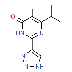 ChemSpider 2D Image | 5-Iodo-6-isopropyl-2-(1H-1,2,3-triazol-4-yl)-4(3H)-pyrimidinone | C9H10IN5O